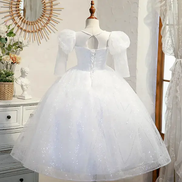 Elegant White Beading Sequins Lace Flower Birthday Flower Girl Dresses 2022 Ball Gown Scoop Neck Puffy Short Sleeve Backless Floor-Length / Long Flower Girl Dresses