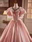 Vintage / Retro Medieval Blushing Pink Prom Dresses 2024 Ball Gown V-Neck Bow Short Sleeve Backless Floor-Length / Long Prom Formal Dresses