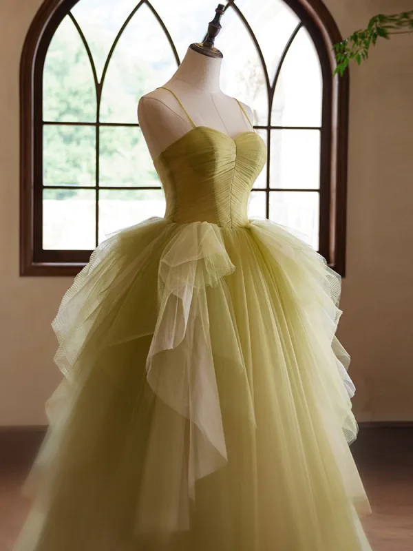 Schöne Salbeigrün Rüschen Ballkleider 2024 Ballkleid Spaghettiträger Ärmellos Rückenfreies Sweep / Pinsel Zug Ball Festliche Kleider