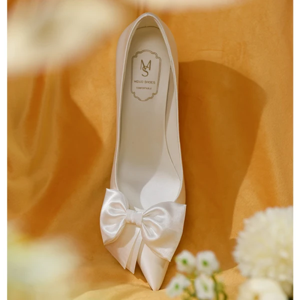 Elegant White Leather Bow Wedding Shoes 2023 Wedding 5 cm Stiletto Heels Pointed Toe Wedding Shoes High Heels