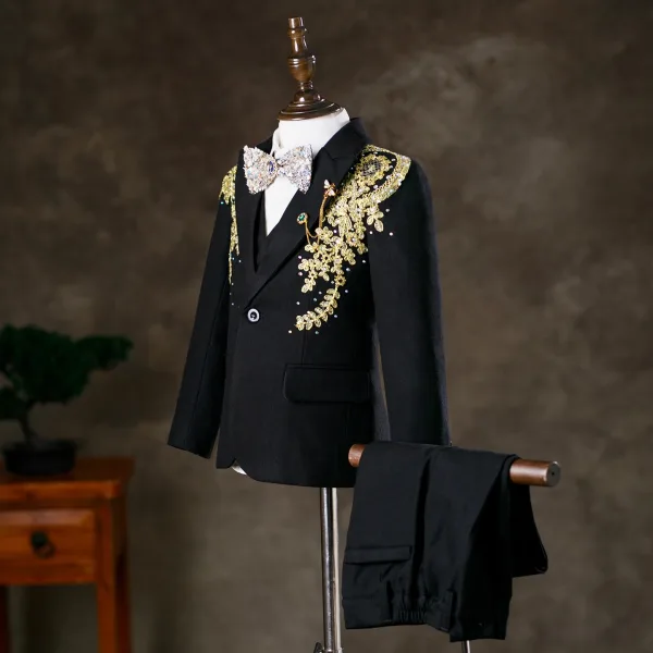 Fashion Black 6-piece Rhinestone Lace Flower Boys Wedding Suits 2025 Long Sleeve Body Jewellery Coat Pants Shirt Tie Vest
