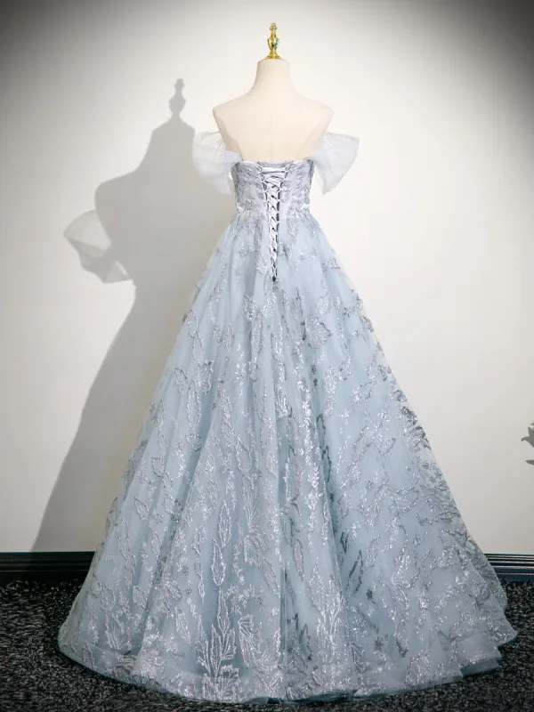 Charming Sky Blue Glitter Beading Prom Dresses 2025 Ball Gown Off-The-Shoulder Short Sleeve Backless Floor-Length / Long Formal Dresses