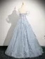 Charming Sky Blue Glitter Beading Prom Dresses 2025 Ball Gown Off-The-Shoulder Short Sleeve Backless Floor-Length / Long Formal Dresses