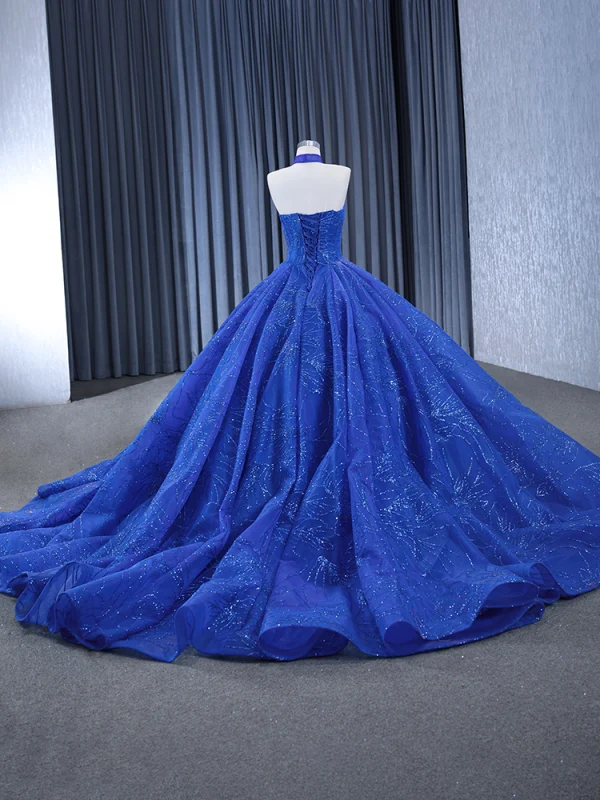 High-end Ocean Blue Handmade  Beading Pearl Sequins Lace Flower Chapel Train Prom Dresses 2024 Ball Gown Halter Sleeveless Backless Prom