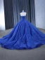 High-end Ocean Blue Handmade  Beading Pearl Sequins Lace Flower Chapel Train Prom Dresses 2024 Ball Gown Halter Sleeveless Backless Prom
