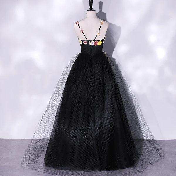 Classic Black Lace Flower Prom Dresses 2022 A-Line / Princess Spaghetti Straps Sleeveless Backless Floor-Length / Long Prom Formal Dresses
