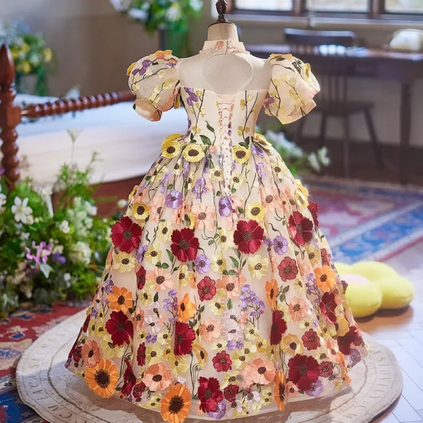 Flower Fairy Multi-Colors Lace Flower Appliques Birthday Flower Girl Dresses 2025 Ball Gown High Neck Short Sleeve Backless Floor-Length / Long Tulle