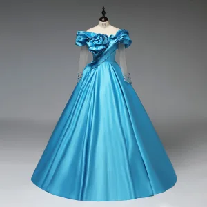 Vintage Retro Pool Blue Beading Satin Prom Dresses 2025 Ball Gown Scoop Neck Long Sleeve Backless Floor Length Long Formal Dresses