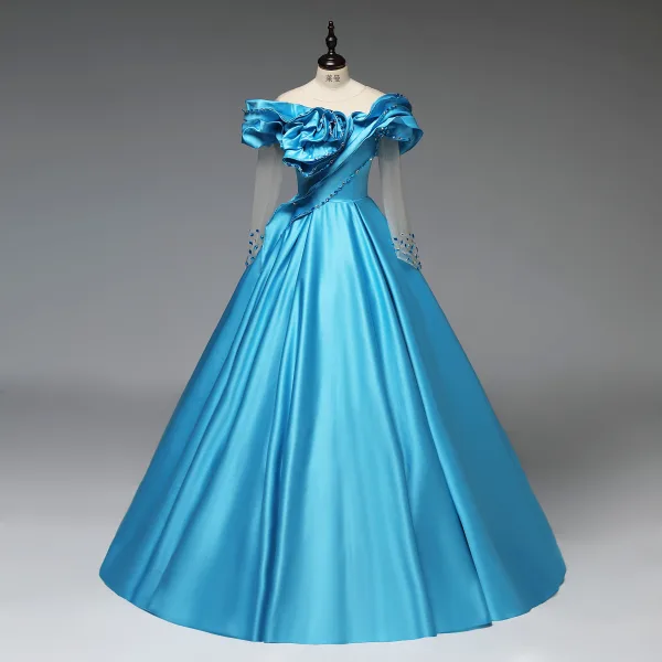 Vintage / Retro Pool Blue Beading Satin Prom Dresses 2025 Ball Gown Scoop Neck Long Sleeve Backless Floor-Length / Long Formal Dresses