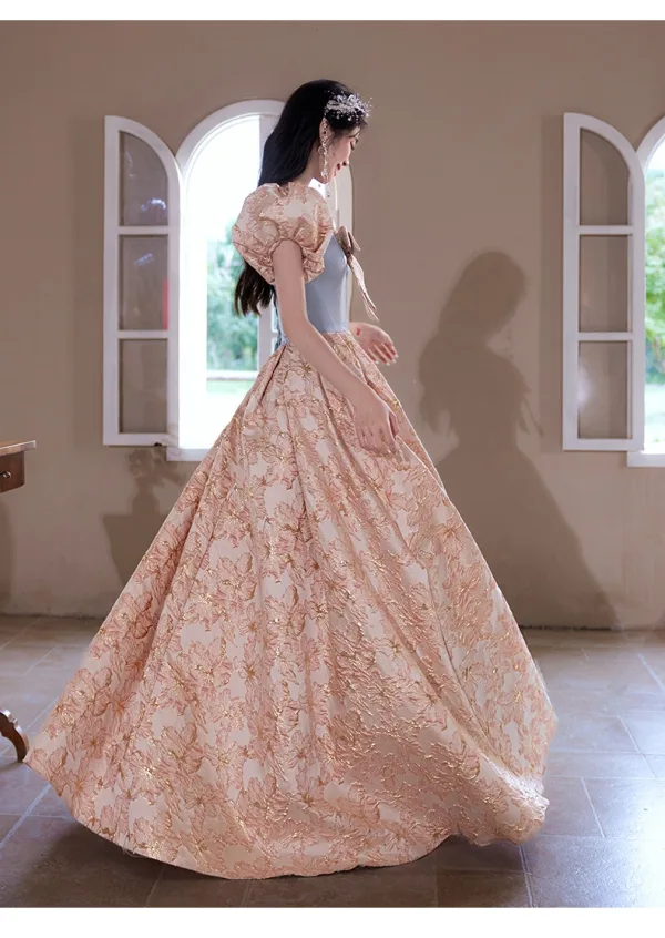 Eleganckie Rumieniąc Różowy Druk Sukienki Na Bal 2025 Princessa Przy Ramieniu Kokarda Bufiasta Kótkie Rękawy Bez Pleców Długie Bal Sukienki Wizytowe
