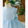 Bling Bling Sky Blue Glitter Birthday Flower Girl Dresses 2022 Ball Gown Scoop Neck Sleeveless Bow Short Flower Girl Dresses