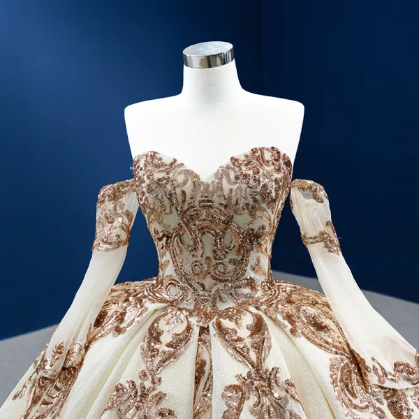 High End Glitzernden Champagner Pailletten Brautkleider / Hochzeitskleider 2022 Ballkleid Bandeau Kurze Ärmel Rückenfreies Lange Hochzeit