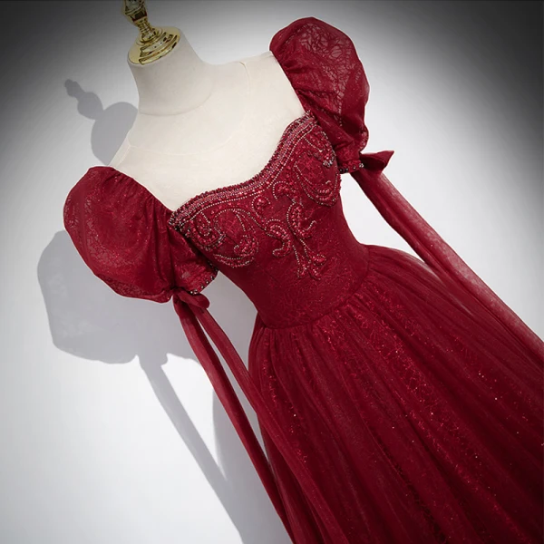 Elegant Burgundy Beading Rhinestone Prom Dresses 2023 A-Line / Princess Scoop Neck Puffy Short Sleeve Backless Floor-Length / Long Formal Dresses