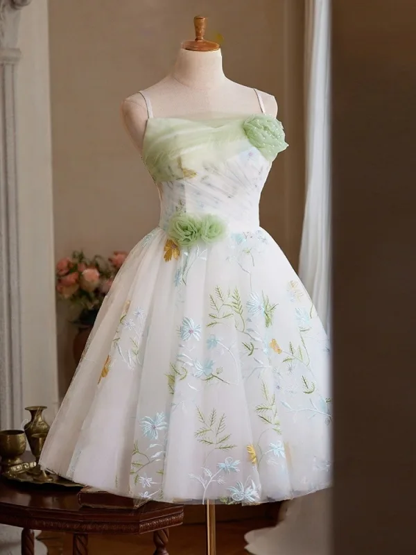 Chic / Belle Vert Cendré Appliques de retour Robe De Graduation 2025 Princesse Bretelles Spaghetti Sans Manches Dos Nu Courte Tulle