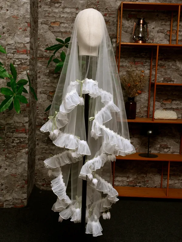 Charming White Handmade  Appliques Lace Flower 1.5 m Wedding Veils 2025 Tulle