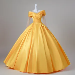 Vintage Retro Yellow Beading Sequins Satin Prom Dresses 2026 Ball Gown Scoop Neck Long Sleeve Backless Floor Length Long Formal Dresses