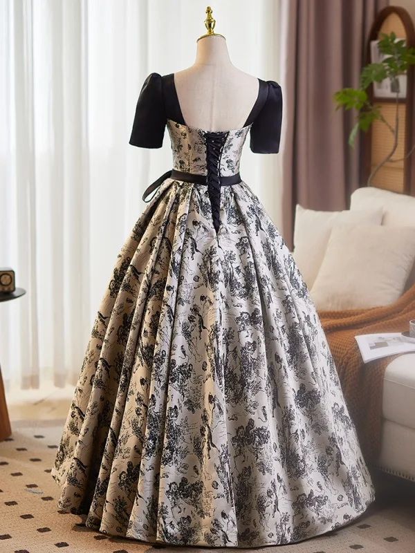 Élégant Noire Faux Diamant Impression Robe De Bal 2025 Robe Boule Encolure Carrée Manches Courtes Dos Nu Noeud Ceinture Longue Promo Robe De Ceremonie