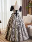 Élégant Noire Faux Diamant Impression Robe De Bal 2025 Robe Boule Encolure Carrée Manches Courtes Dos Nu Noeud Ceinture Longue Promo Robe De Ceremonie