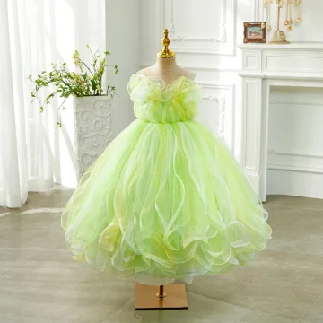 Mode Vert Volants En Cascade Anniversaire Robe Ceremonie Fille 2024 Robe Boule Encolure Dégagée Sans Manches Dos Nu Longue