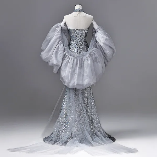 Sexy Scintillantes Argenté Perlage Paillettes Robe De Soirée 2026 Trompette / Sirène Amoureux Gonflée Manches Courtes Dos Nu Train De Balayage Robe De Ceremonie
