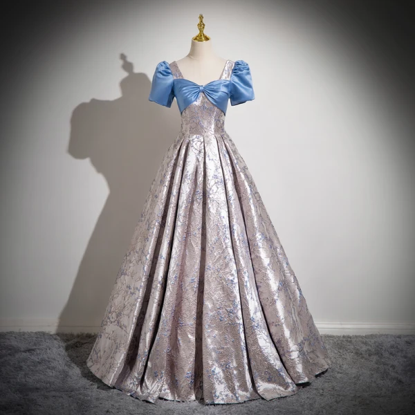 Elegant Sky Blue Printing Prom Dresses Formal Dresses 2024 Ball Gown Square Neckline Bow Puffy Short Sleeve Backless Prom Floor-Length / Long