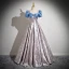 Elegant Sky Blue Printing Prom Dresses Formal Dresses 2024 Ball Gown Square Neckline Bow Puffy Short Sleeve Backless Prom Floor-Length / Long