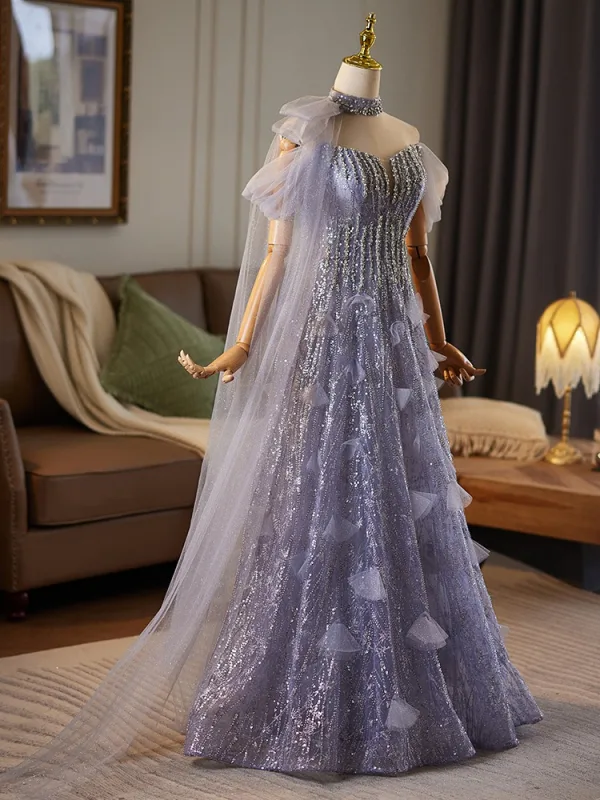 Bling Bling Lavender Beading Sequins Prom Dresses 2025 A-Line / Princess Off-The-Shoulder Sleeveless Backless Floor-Length / Long Formal Dresses
