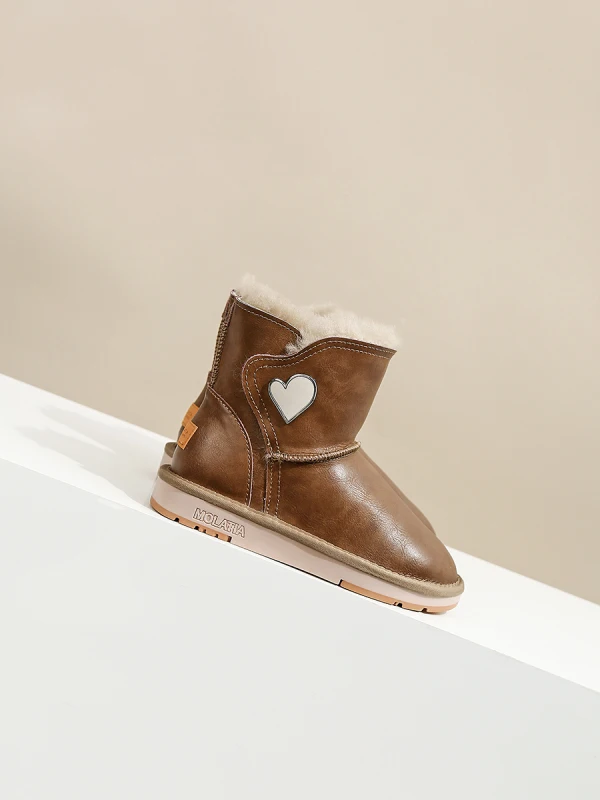 Fashion Beige Street Wear Flat Snow Boots 2024 Leather Round Toe Womens Boots