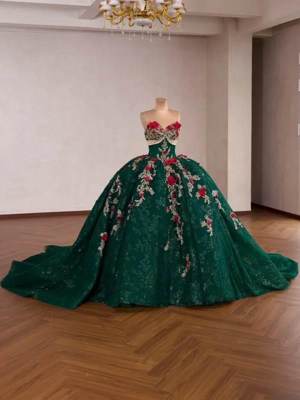 Luksus Vintage Mørk Grønn Beading Blonder Blomst Perle Appliques Ballkjoler 2026 Ballkjole Kjæreste Korte Ermer Ryggløse Lange