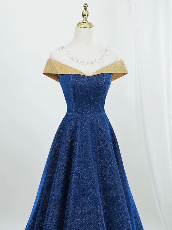 Vintage Ocean Blå Glittriga / Glitter Balklänningar 2026 Prinsessa Urringning Korta ärm Halterneck