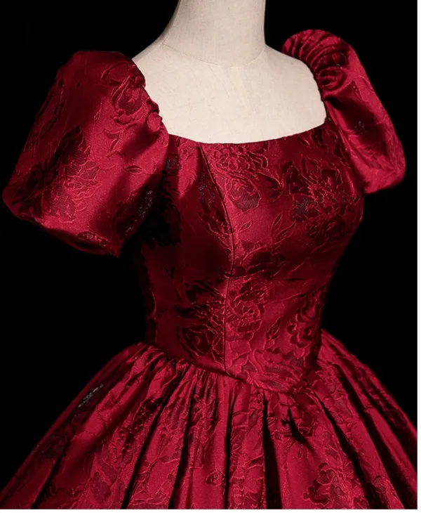 Elegant Burgundy Printing Prom Dresses 2025 Ball Gown Square Neckline Short Sleeve Backless Floor-Length / Long Prom Formal Dresses