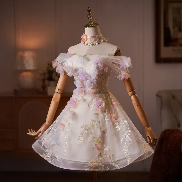 Zauberhaft Champagner Applikationen Perlenstickerei Kurze Ballkleider 2026 Ballkleid Off Shoulder Kurze Ärmel Rückenfreies Tülle Festliche Kleider