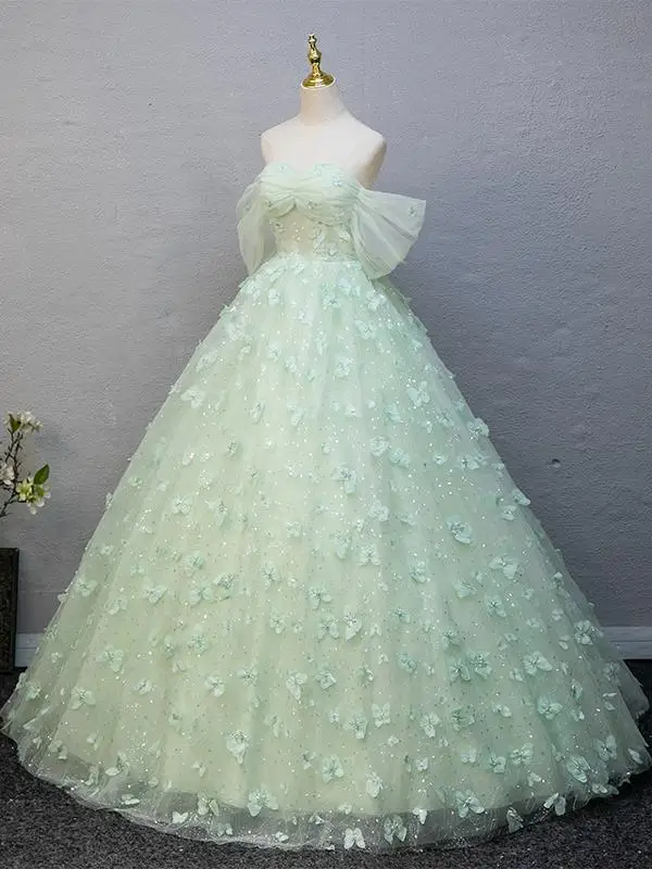 Flower Fairy Sage Green Beading Butterfly Appliques Prom Dresses 2025 Ball Gown Off-The-Shoulder Short Sleeve Backless Floor-Length / Long Prom Formal Dresses Prom Dresses