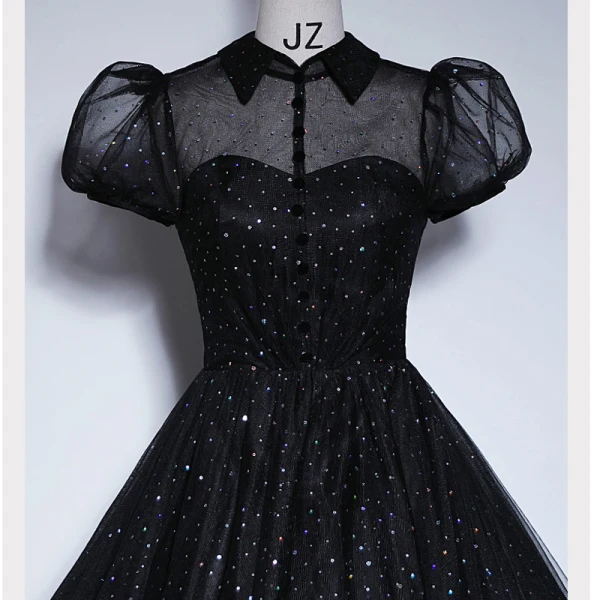 Élégant Noire Paillettes Robe De Bal 2023 Princesse Col Haut Manches Courtes Dos Nu Longue Promo Robe De Ceremonie