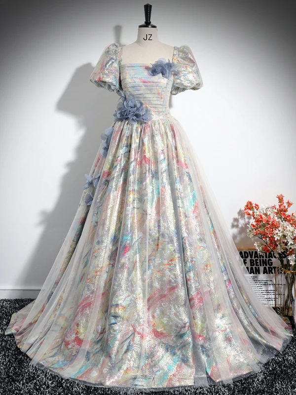 Fashion Multi-Colors Appliques Prom Dresses Ball Gown Square Neckline Short Sleeve Backless Floor-Length / Long Prom Formal Dresses