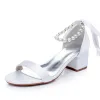 Fashion Champagne Pearl Ankle Strap Bow Satin Wedding Shoes 2024 5 cm Thick Heels Open / Peep Toe Wedding Sandals High Heels
