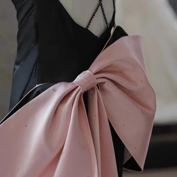 Fashion Black Satin Split Front Evening Dresses 2023 Trumpet / Mermaid Spaghetti Straps Sleeveless Backless Bow Floor-Length / Long Evening Party Formal Dresses