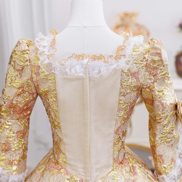 Vintage / Retro Medieval Gold Printing Bow Lace Flower Prom Dresses 2025 Ball Gown Square Neckline Bell sleeves Floor-Length / Long Formal Dresses