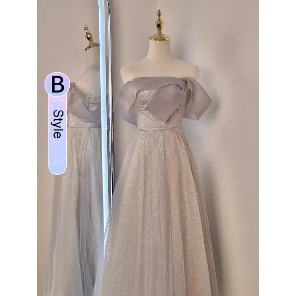 Simple Champagne Noeud Paillettes Robe Demoiselle D'honneur 2022 Princesse De l'épaule Manches Courtes Dos Nu Longue Robe Demoiselle D'honneur