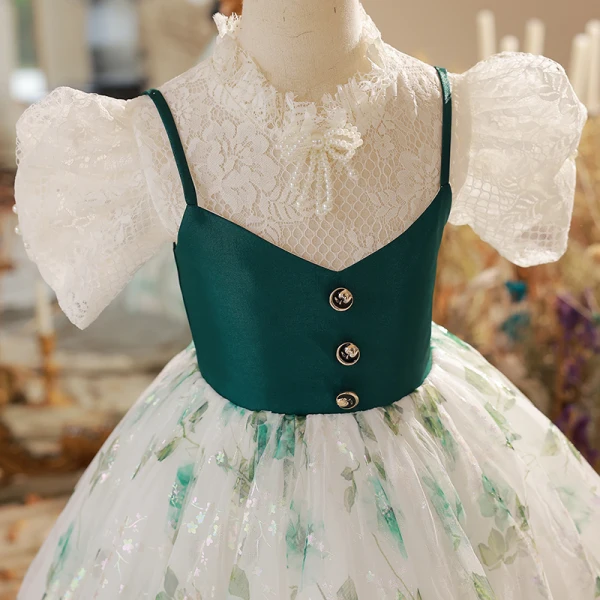 Chic / Belle Vert Foncé Floral Promo Robe Ceremonie Fille 2022 Robe Boule Col Haut Perlage Perle En Dentelle Fleur Gonflée Manches Courtes Longue Robe Ceremonie Fille
