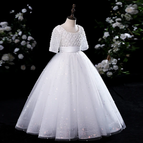 Chic / Beautiful White Beading Pearl Sequins Birthday Flower Girl Dresses 2024 Ball Gown Square Neckline Short Sleeve Floor-Length / Long