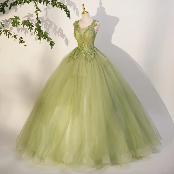 Elegant Sage Green Sequins Lace Flower Prom Dresses 2023 Ball Gown Scoop Neck Sleeveless Backless Floor-Length / Long Prom Formal Dresses