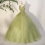 Elegant Sage Green Sequins Lace Flower Prom Dresses 2023 Ball Gown Scoop Neck Sleeveless Backless Floor-Length / Long Prom Formal Dresses