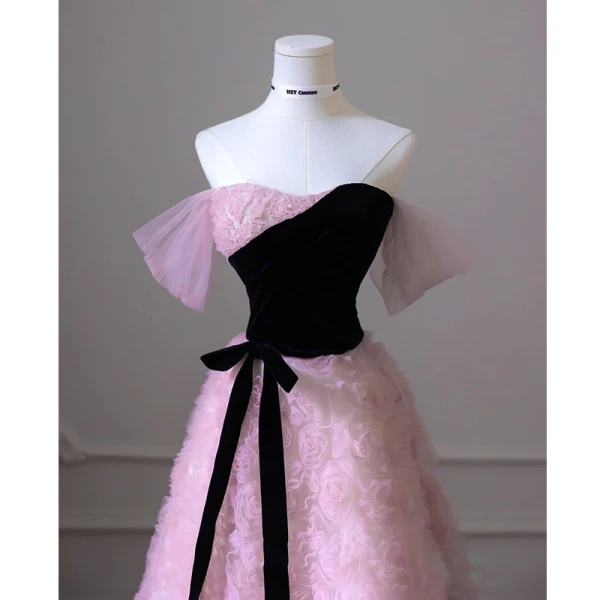 Chic / Beautiful Blushing Pink Flower Prom Dresses 2023 A-Line / Princess Off-The-Shoulder Sleeveless Backless Bow Sash Floor-Length / Long Prom Formal Dresses