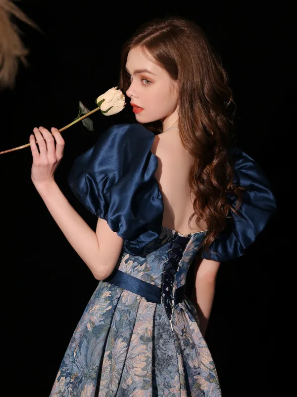 Vintage / Retro Ocean Blue Prom Dresses 2022 A-Line / Princess Square Neckline Puffy Short Sleeve Sash Backless Floor-Length / Long Prom Formal Dresses