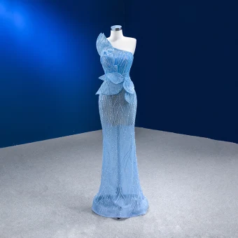 Sexy Bleu Ciel Perlage Paillettes Robe De Soirée 2023 Trompette Sirène Bustier Sans Manches Dos Nu Longue Soirée Robe De Ceremonie