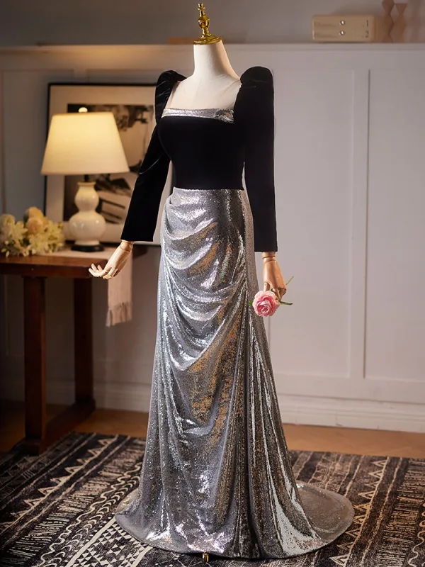 Scintillantes Noire Paillettes Robe De Bal 2025 Trompette / Sirène Encolure Carrée Manches Longues Dos Nu Longue Promo Robe De Ceremonie