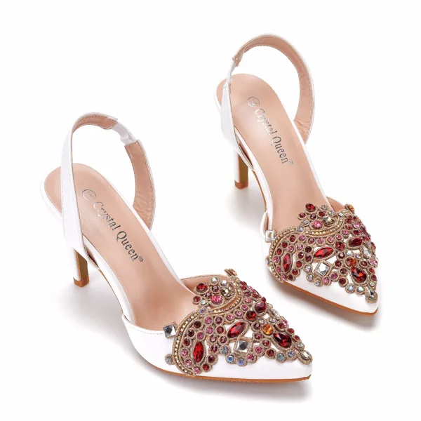 Chic / Beautiful White Rhinestone Wedding Shoes 2023 9 cm Stiletto Heels Pointed Toe Wedding Sandals High Heels