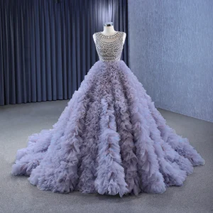 High End Charming Grey Lavender Handmade Rhinestone Pleated Prom Dresses 2023 Ball Gown Scoop Neck Sleeveless Chapel Train Prom Formal Dresses