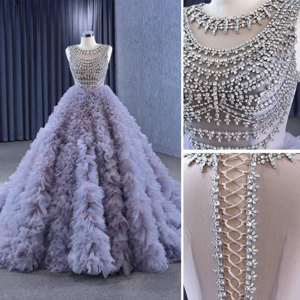 High-end Charming Grey Lavender Handmade  Rhinestone Pleated Prom Dresses 2023 Ball Gown Scoop Neck Sleeveless Chapel Train Prom Formal Dresses